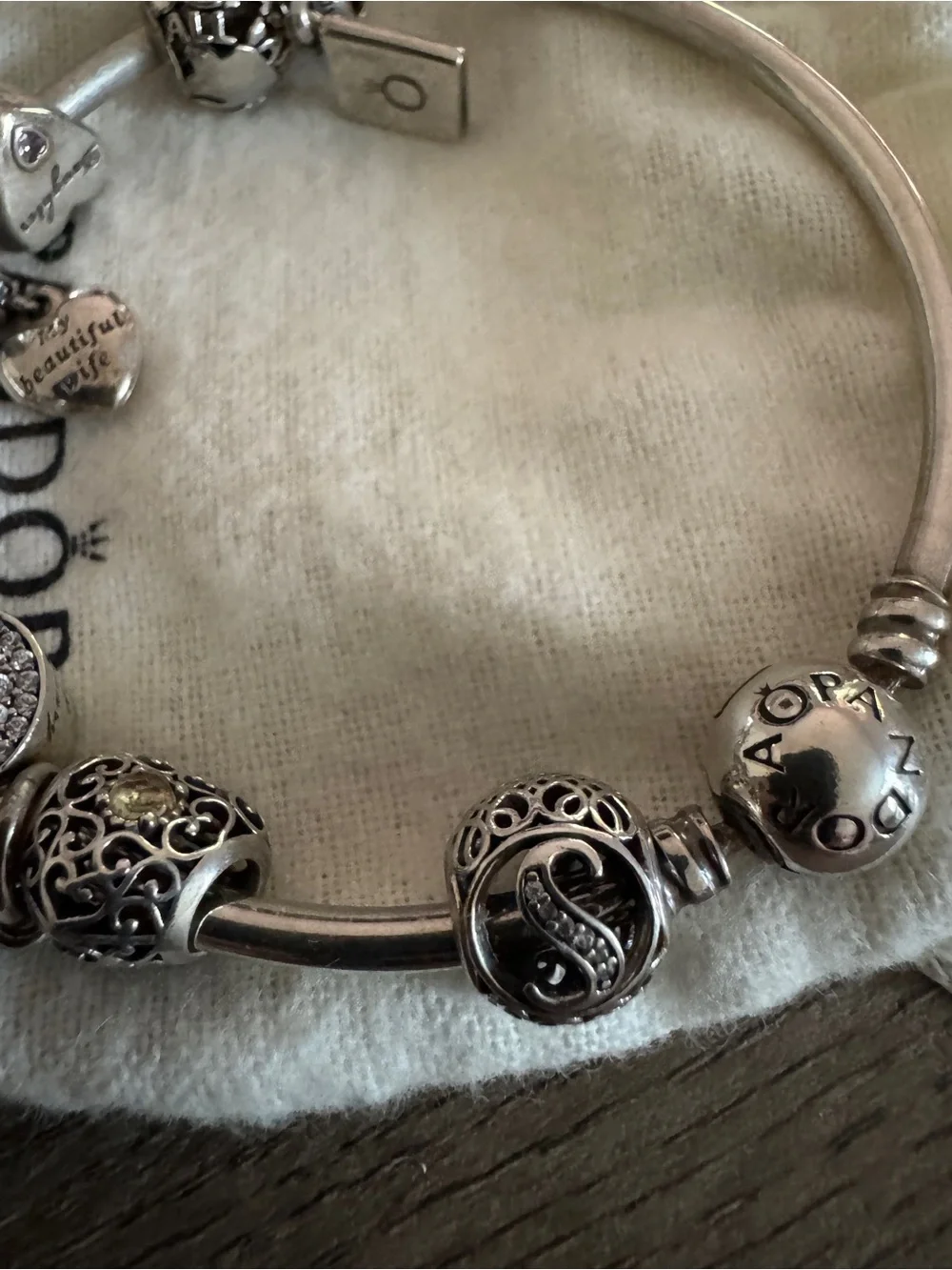 Pandora Silver Charm Bracelet with Heart, Infinity and Travel Charms